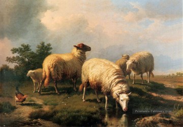 Moutons et un poulet dans un paysage Eugène Verboeckhoven animal Peinture à l'huile